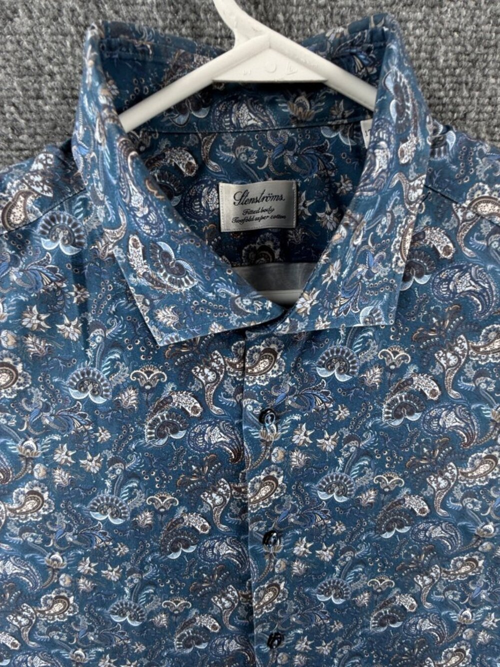 Stenstroms Blue White 17.5 Twofold Super Paisley Cotton Fitted Body Button Up